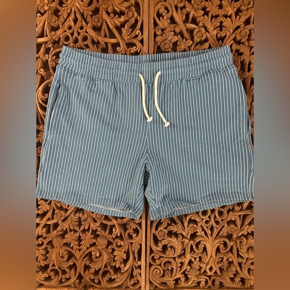 FIROTTI New! Men’s Shorts Sweatknit Athletic Sporty Lt Blue Cream Pinstripe S-M - Picture 3 of 11